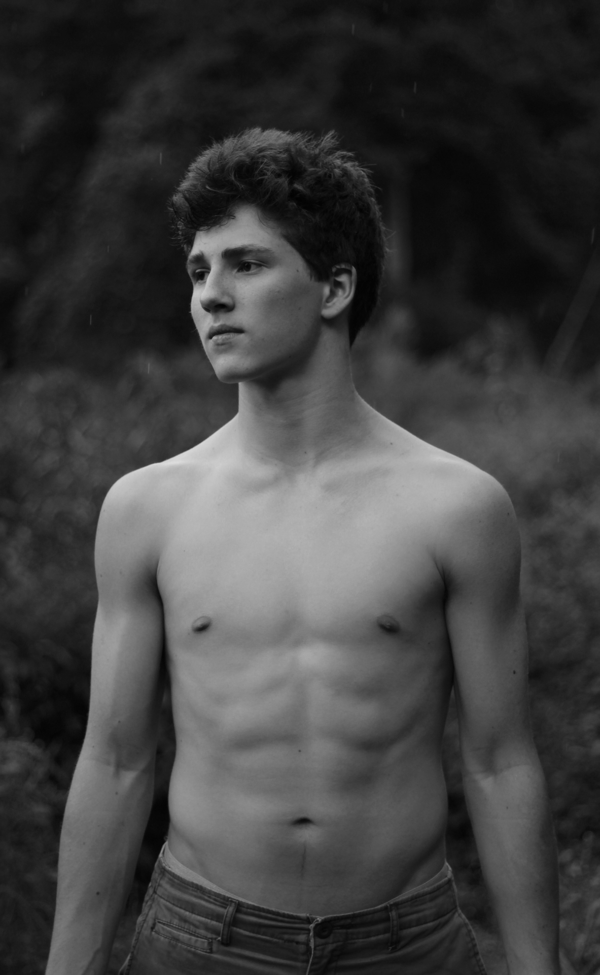 Black-and-white portrait in the rain
